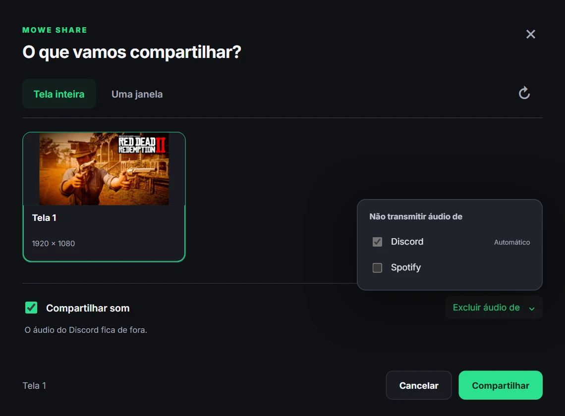 Seletor do MOWE Share com a janela do jogo escolhida e o Discord excluído do áudio
